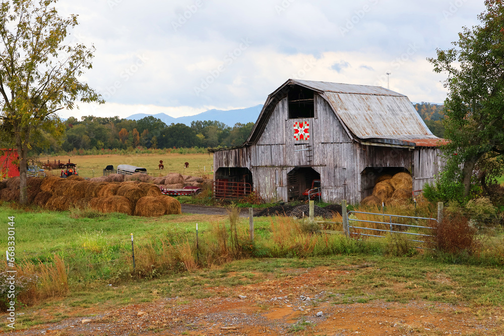 Obraz premium An old weathered barn with hay bales and an overgrown yard