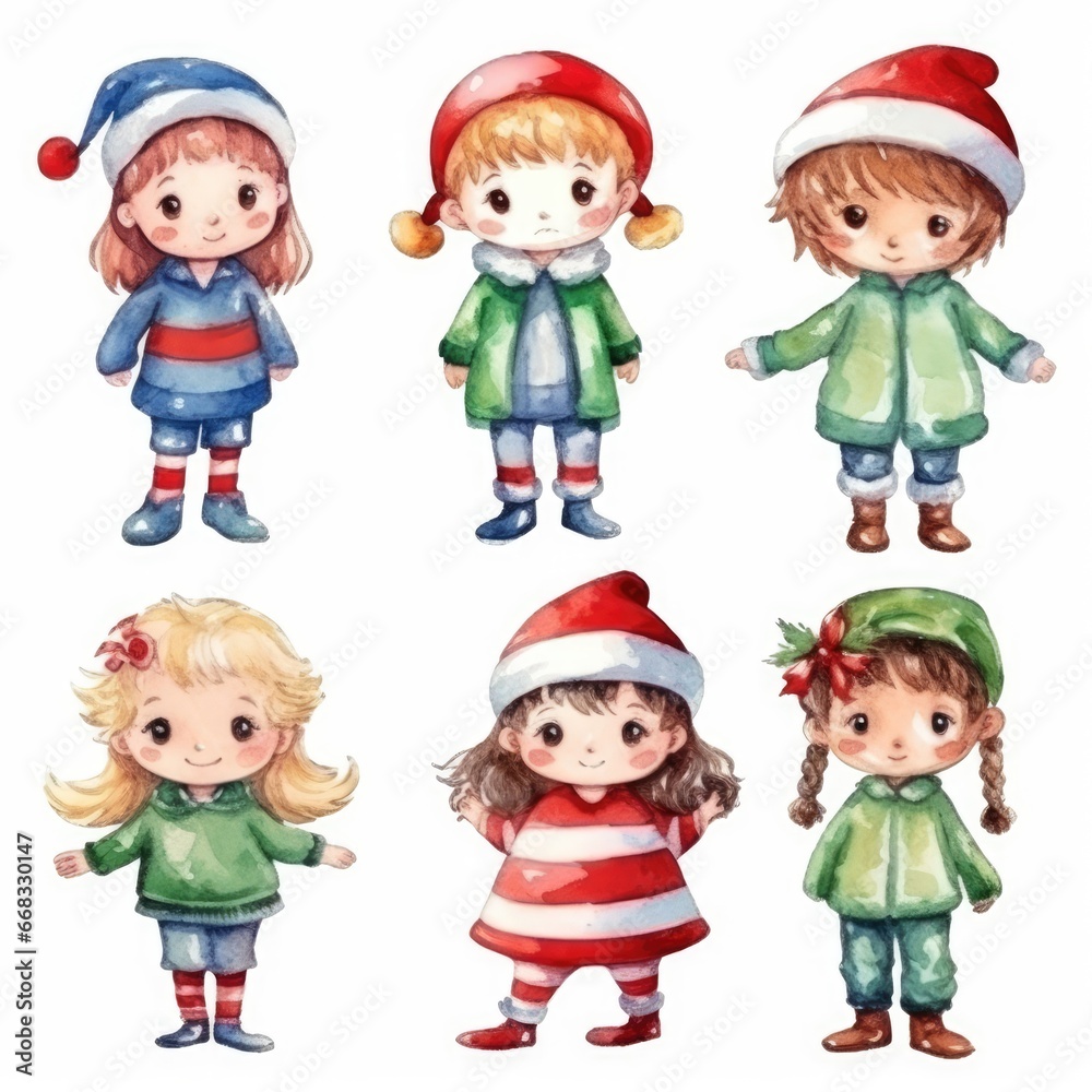 Set of Christmas watercolor hand drawn illustration of happy children in winter clothes. Cute Christmas holiday children Set of Christmas watercolor hand drawn illustration of happy children in winter clothes. Cute Christmas holiday children