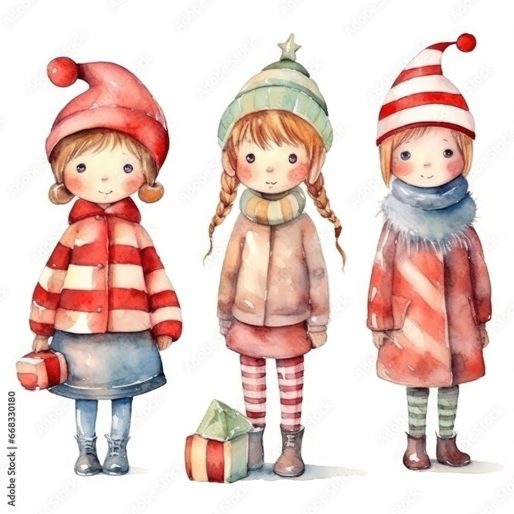 Set of Christmas watercolor hand drawn illustration of happy children in winter clothes. Cute Christmas holiday children Set of Christmas watercolor hand drawn illustration of happy children in winter clothes. Cute Christmas holiday children