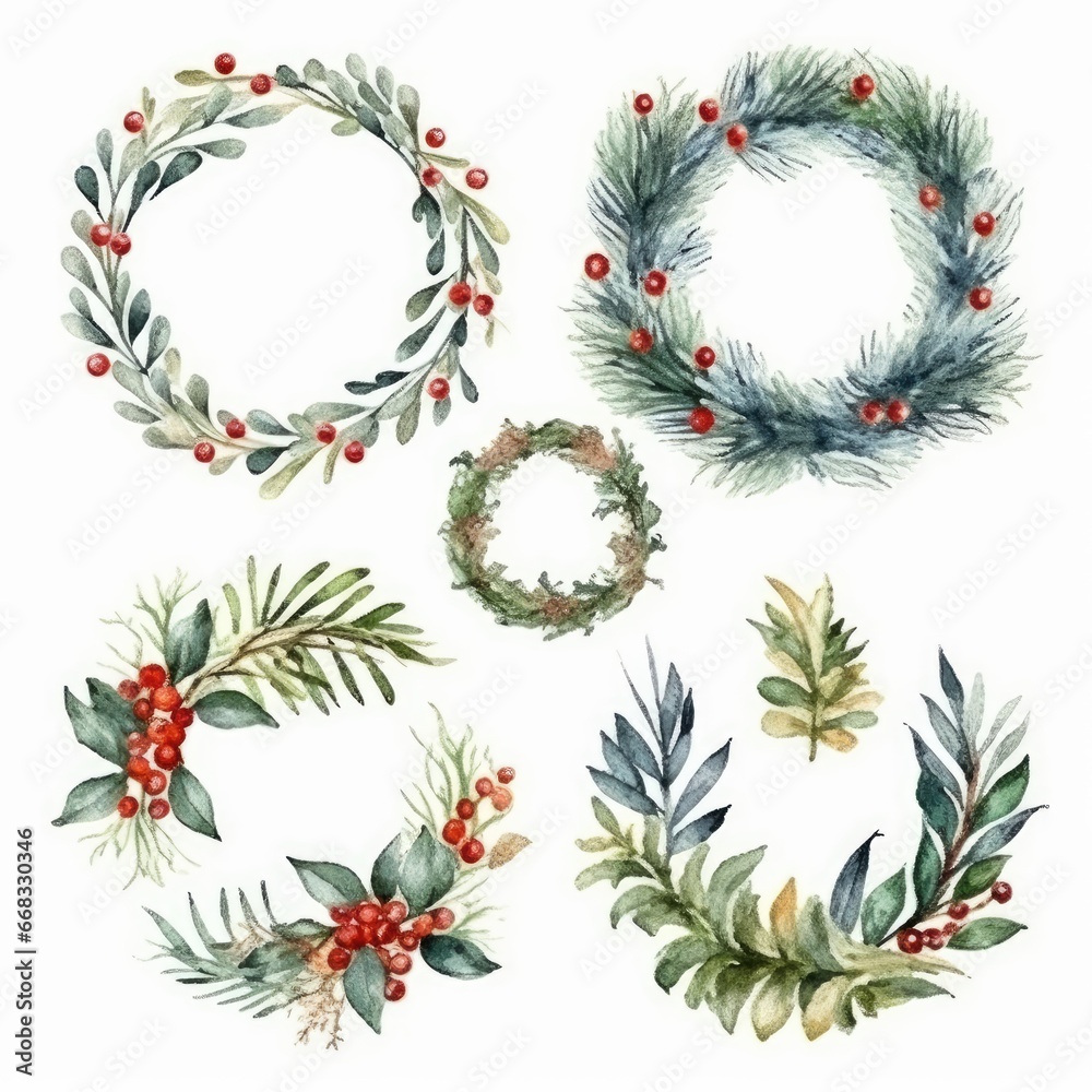 Christmas wreath set watercolor hand drawn illustration. Decoration elements for the Christmas holiday