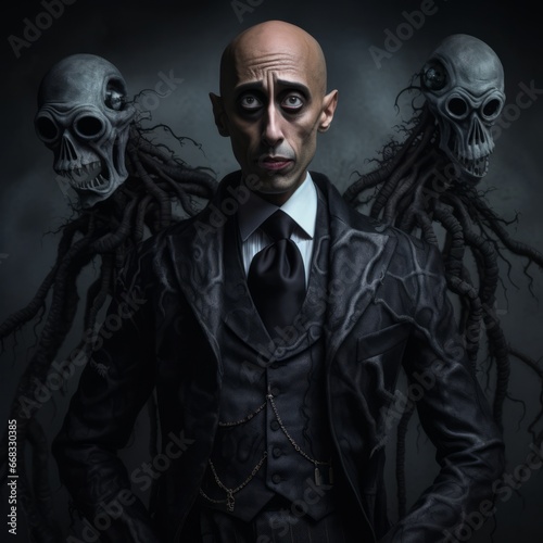 a man in suit with two skulls