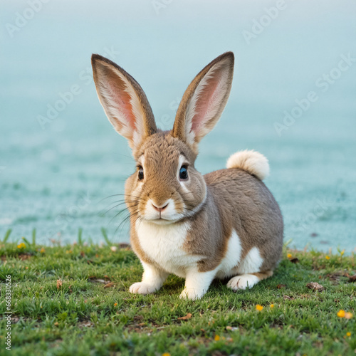Cute rabbit on green grass against the background of the sea. Generative AI © Evgenii