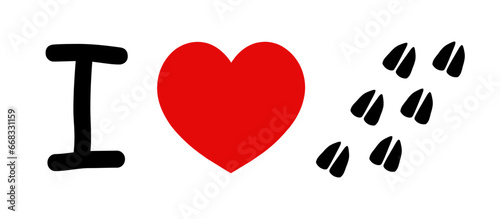 I Like Horses, Animals. Red heart shape and horse hoof foot print. Symbol of love for animal. Vector isolated. Postcard, emblem, icon, print, textile, stationery, sticker. I like deers.