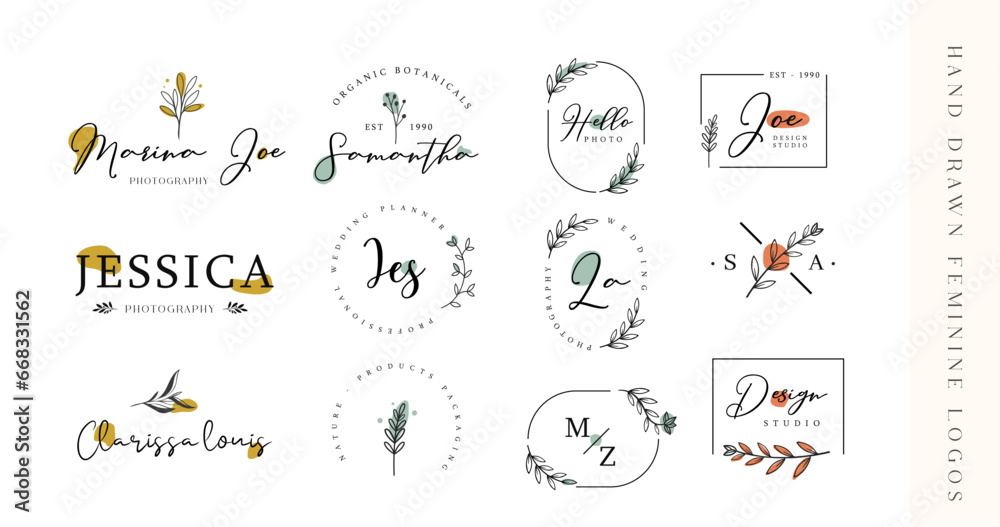 Vector hand drawn feminine logo templates set.