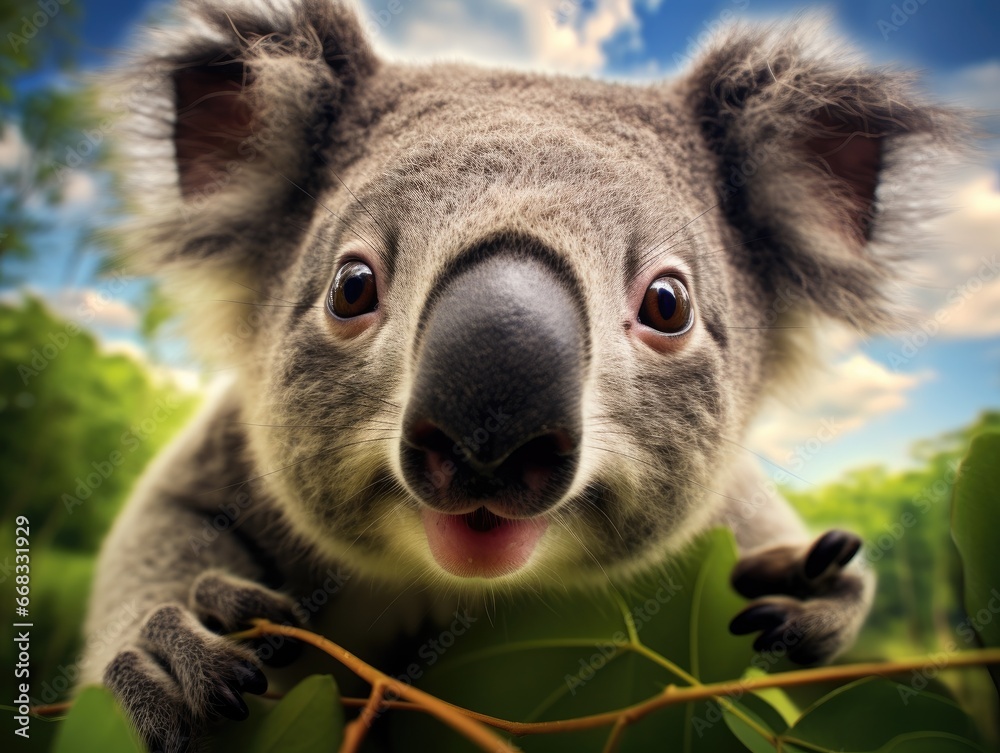 Fototapeta premium Close-up portrait of a koala. Detailed image of the muzzle. A wild animal is looking at something. Illustration with distorted fisheye effect. Design for cover, card, postcard, decor or print.