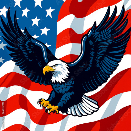 Freedom Flight: Eagle against the American flag. AI generated.