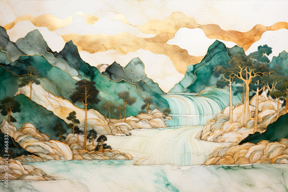 Japanese painting style landscape. Forest range with white mineral marble textures. Gold and jade tones. Relaxing abstract background. - obrazy, fototapety, plakaty 