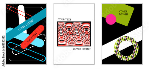 Geometric cover design, set of 3 covers. Abstract unusual background in Memphis style. Bright geometric shapes in random order