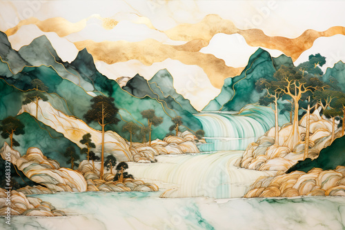 Japanese painting style landscape. Forest range with white mineral marble textures. Gold and jade tones. Relaxing abstract background.