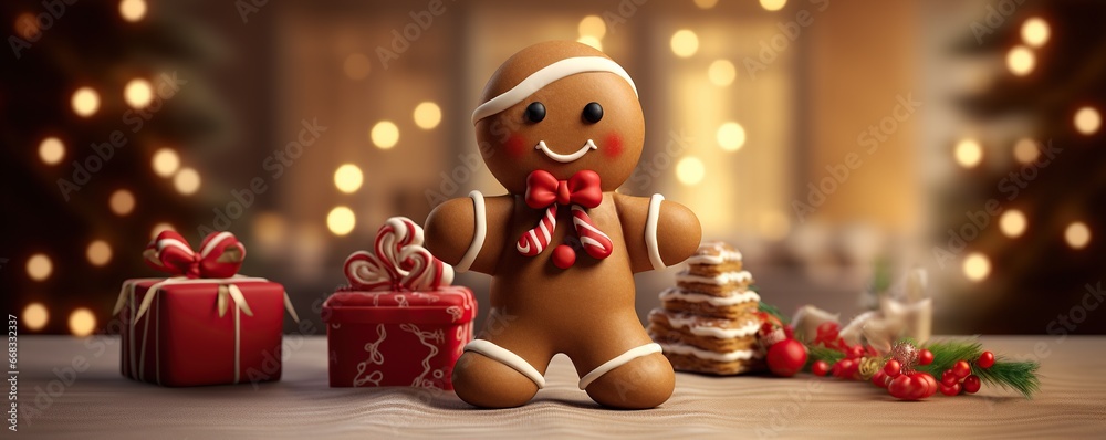 gingerbread man and christmas gifts on table