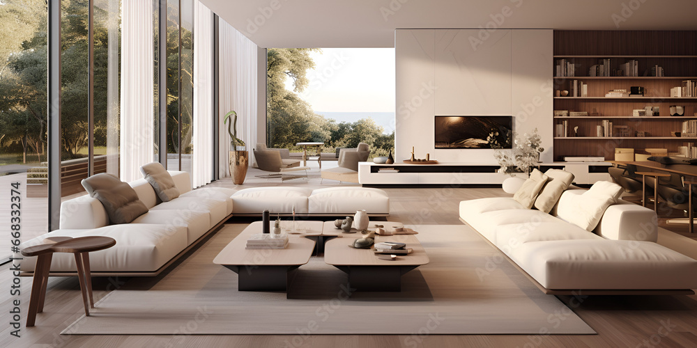 Modern indoors, domestic room, sofa, home interior, lifestyles, living room, wood, table, flooring. Generative AI