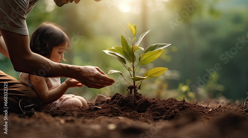 Father and daughter planting tree in the garden. Save the world concept