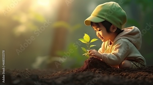 Little asian boy planting a tree in the forest with sunlight background