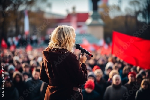 Confident female speaker giving talk to a crowd.