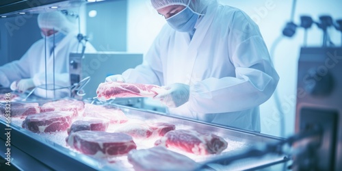 Scientists Engage in Precise Measurement and Testing of Beef within the Pristine, White Laboratory Setting, Unveiling the Meticulous Art of Food Science and Quality Control in Action
