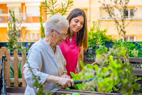 Fotografia Nurse and elder woman cultivating plants in a garden