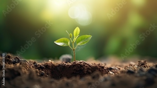 Plant seedling growing on fertile soil with sunlight  Ecology concept