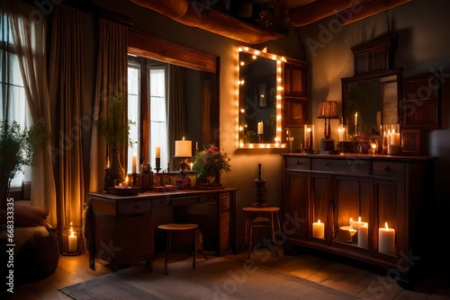 interior of a room with table  In a cozy bedroom with a large wooden mirror  morning sunlight filters through the curtains  casting warm  golden rays that gently illuminate the room