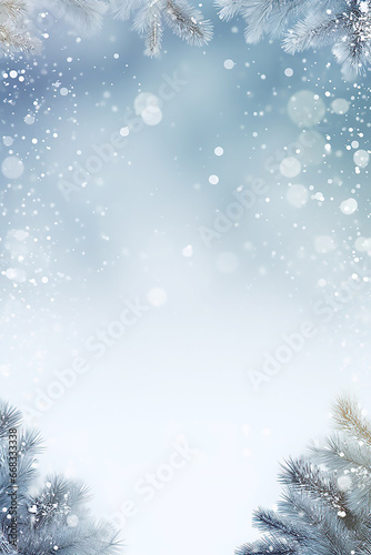 blue and white winter background with fir tree branches and decorations with space for text, winter and christmas background