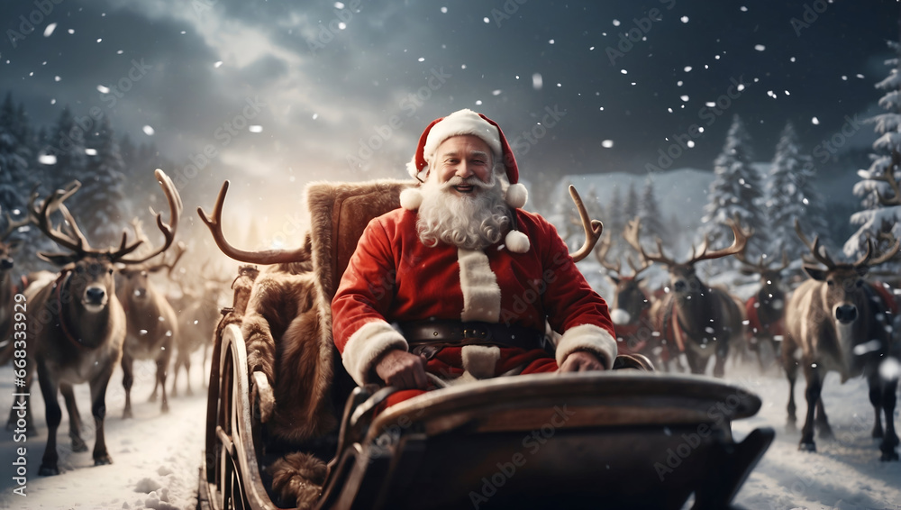 Santa claus riding a sleigh with reindeer, Enchanting Sleigh Ride, Celebrate Merry Christmas 2023 in Winter Santa claus riding a sleigh with reindeer, Enchanting Sleigh Ride, Celebrate Merry Christmas 2023 in Winter