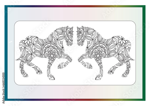 Two horses showing affection, zentangle stylized, vector illustration, freehand pencil, hand drawn, pattern, love. Zen art.Hand drawn zen doodle coloring page for adults photo