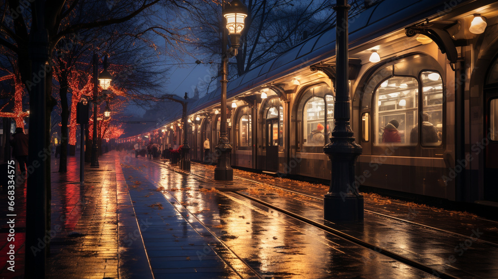 A station at twilight, where travelers share warm hugs and kisses under the soft, magical glow of streetlamps and station lights