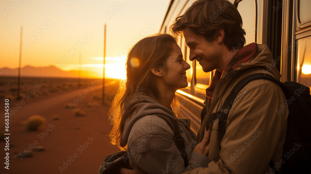 A remote desert train station at sunset, where a lone traveler is welcomed by loved ones with tight hugs and heartfelt smiles