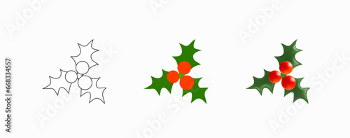 Holly Sprig. Holly twig with green leaves and red berries in three styles - contour, flat, 3D. Traditional Christmas Symbol. Design Element for coloring and study guides. Vector