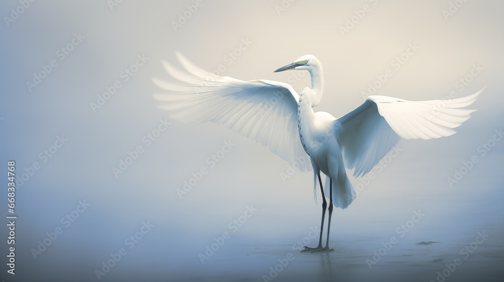 An egret with its wings spread on a foggy pond An egret with its wings spread on a foggy pond