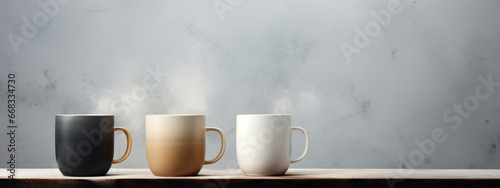 mugs with drinks and steam on grey background. mock up, blank cup for your design. space for your text, image and logo. banner