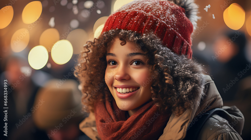 Smiling young girl on christmas night with christmas lights in the background Smiling young girl on christmas night with christmas lights in the background