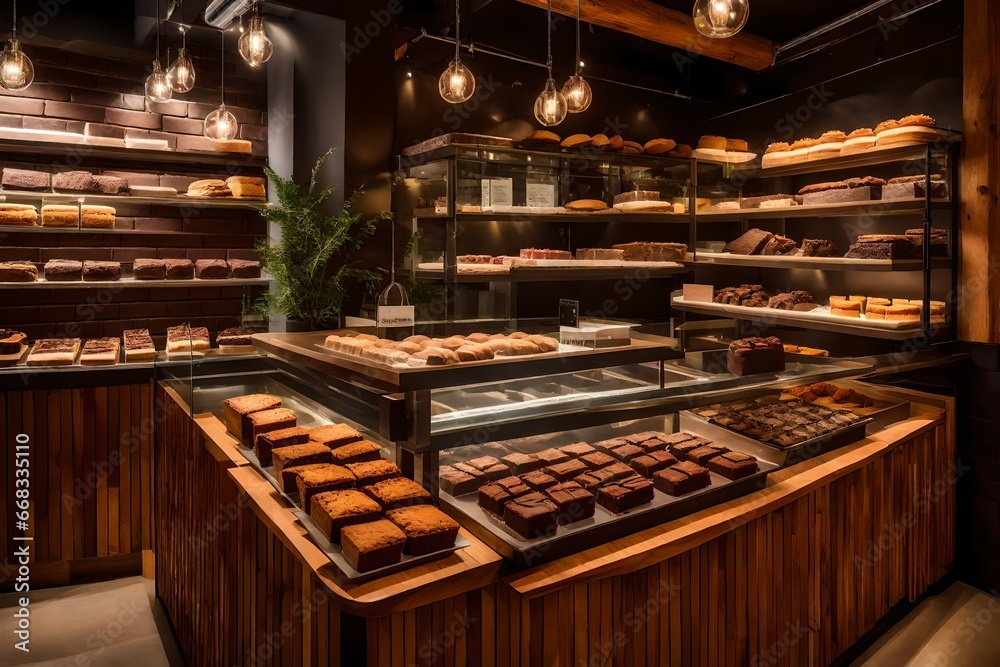 chocolate bar in bakery, In a cozy corner of a bustling city, a charming vegan desserts bakery invites you with its mouthwatering assortment of treats
