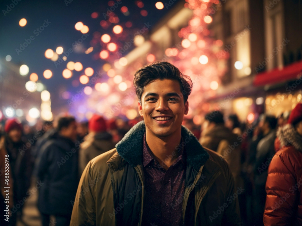 Portrait of a handsome young man with winter clothes and a smiling face against a fireworks celebration background at night. New Year celebration. Portrait of a handsome young man with winter clothes and a smiling face against a fireworks celebration background at night. New Year celebration.