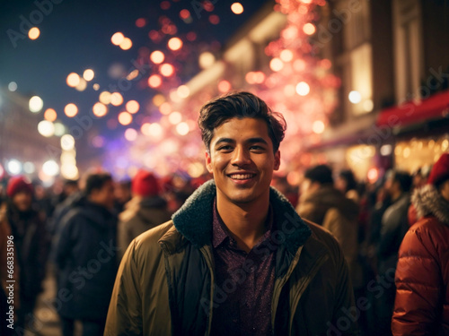 Portrait of a handsome young man with winter clothes and a smiling face against a fireworks celebration background at night. New Year celebration.