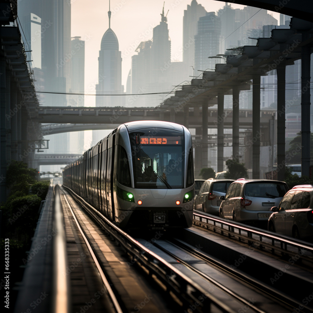 Electric train in a big city. Sustainable mobility
