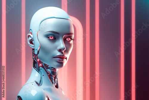 A humanoid female robot on a bright background. Minimalism. Future. 