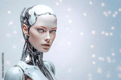 A humanoid female robot on a bright background. Minimalism. Future. 