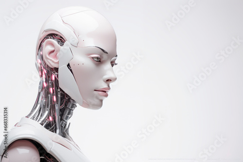 A humanoid female robot on a bright background. Minimalism. Future. 