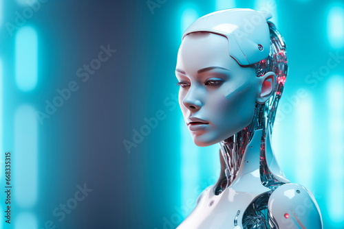 A humanoid female robot on a bright background. Minimalism. Future. 