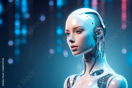 A humanoid female robot on a bright background. Minimalism. Future. 