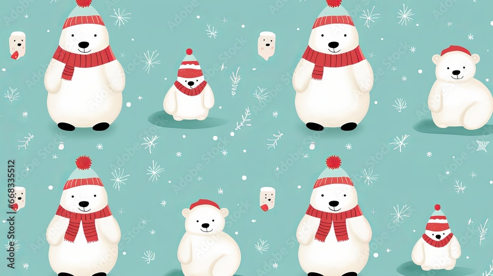 Winter, Christmas, seamless pattern with a lovely white polar bear and snowman