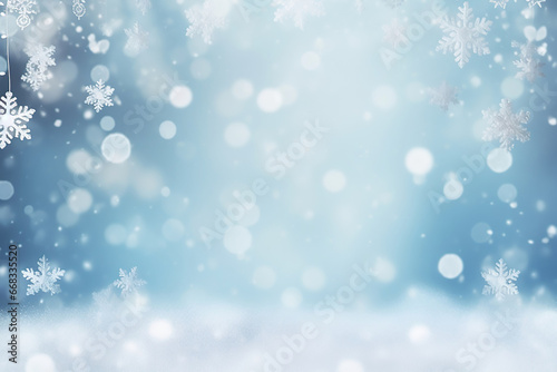 blue and white winter background with falling snow and bokeh with space for text, christmas and winter background © Tina