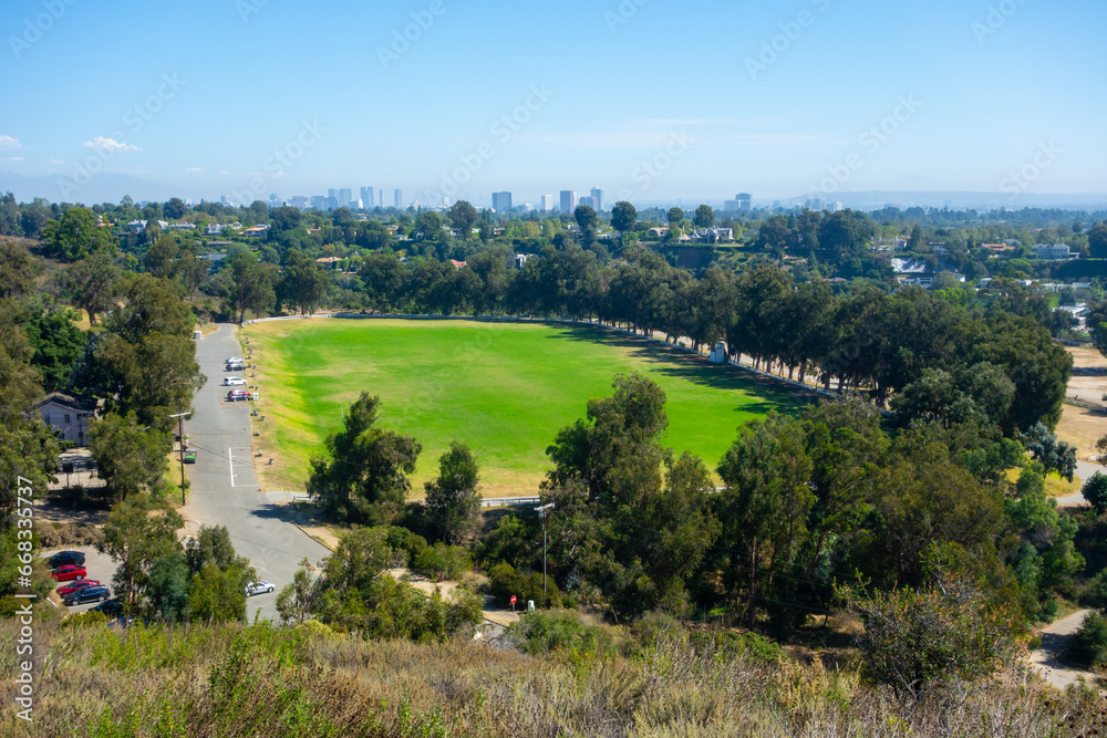 Views of Will Rogers State Historic Park Polo Field in Pacific Palisades, California at the foothills of the santa monica mountains