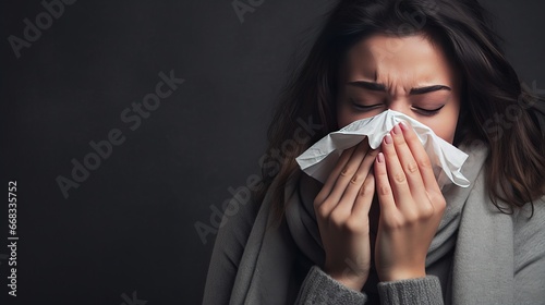 blowing nose with a gray background and people are suffering from the flu and a cold photo