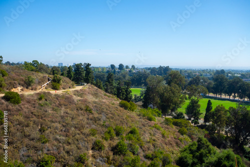 Views of Will Rogers State Historic Park Polo Field in Pacific Palisades, California at the foothills of the santa monica mountains