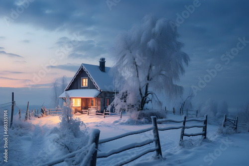Beleuchtete Blockhütte in wunderschöner Winterlandschaft, mit viel Schnee © tanja