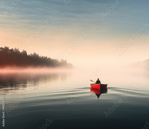  man rowing in red boat on lake