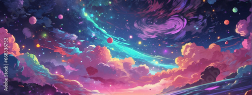 Cosmic sky featuring swirling galaxies and neon-hued stars, Anime Style.