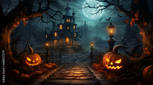 Halloween pumpkins in the grass bats