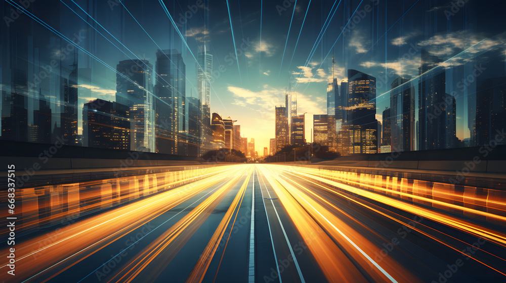 Futuristic Cityscape with Light Trails and Dynamic Skyline. Futuristic Cityscape with Light Trails and Dynamic Skyline.